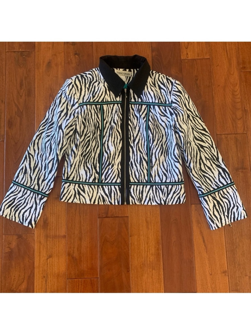 80s Jacket Size 12 Black White Turquoise Zebra Print Zip NANCY BOLEN City Girl
